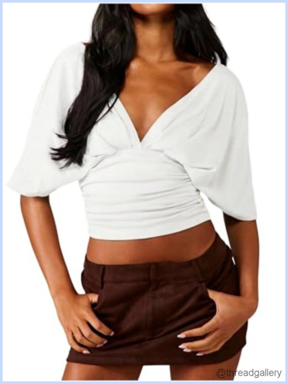 Y2K V Neck Crop Top Short Sleeve Ruched Slim Fit